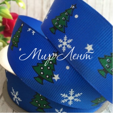 Репс 2,5 см, елочки new, синий, рулон 23 м