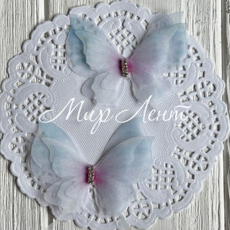 Шифоновая бабочка трехслойная со стразами (хамелеон), 5,7х5,5 см, голубо-малиновая, упаковка 25 шт.