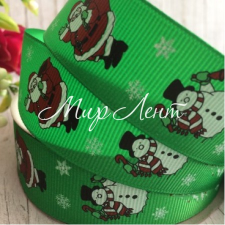 Репс 2,5 см, Санта-снеговик-елочка, зеленый, рулон 23 м