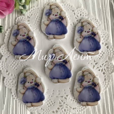 Кабошон Зайка, 3,8 см, в синем платье с синим цветком, упаковка 20 шт.