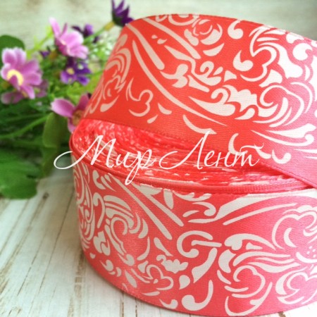 Атлас 4 см орнамент, коралловый, рулон 45 м