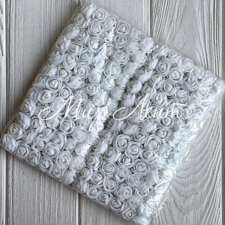 Роза с фоамирана (фатин), 2 см, белая, упаковка 12 пучков (144 шт.)