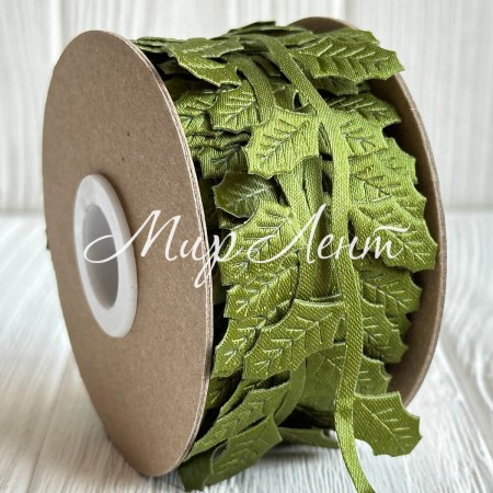 Стрічка листочок пуансетії, 1,7 см, зелена, рулон м