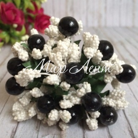 Веточка белая с черными ягодками, упаковка 12 пучков (144 шт.)