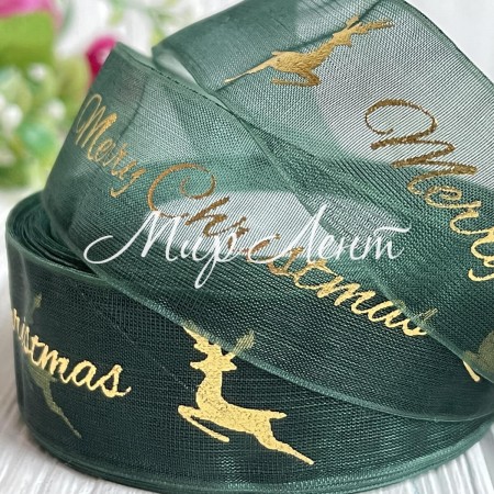 Органза 2,5 см, Merry Christmas с оленем, темно-зеленый, рулон 23 м