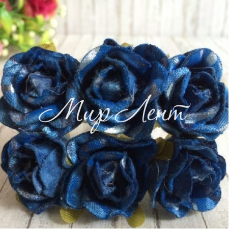 Роза тканевая с блеском, 2,5 см, синий с серебром, упаковка 48 шт.