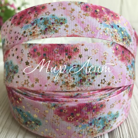 Репс со звездами (фольга), 2,5 см, розово-мятный, рулон 23 м