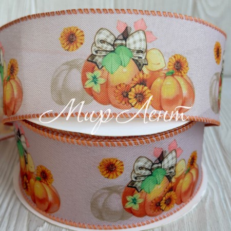 Осенняя лента с проволочным кантом, 6,3 см, бежевая с тыквами, рулон 18 м