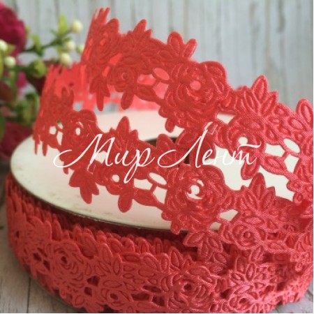 Кружевная лента розочка с листиком, 2,5 см, коралловый, рулон 17,5 м