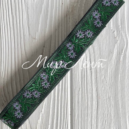 Тесьма вышиванка (барвинок), 2,5 см, бело-зеленый на черном, рулон 9 м