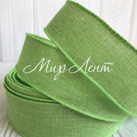 Котоновая лента с проволочным кантом, 3,8 см, салатовая, рулон 23 м