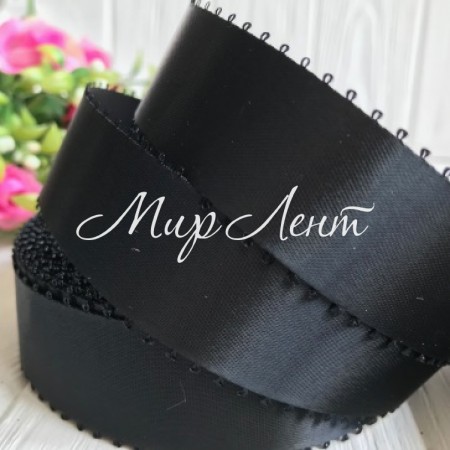 Атлас двухсторонний с петельками 2,5 см, черный, рулон 20 ярдов