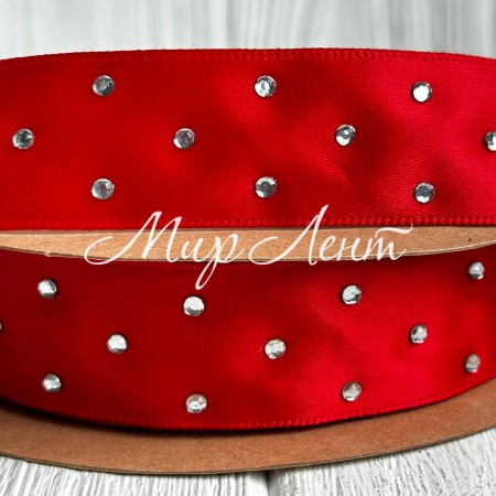Атлас со стразами, 2,5 см, красный, рулон 18,5 м