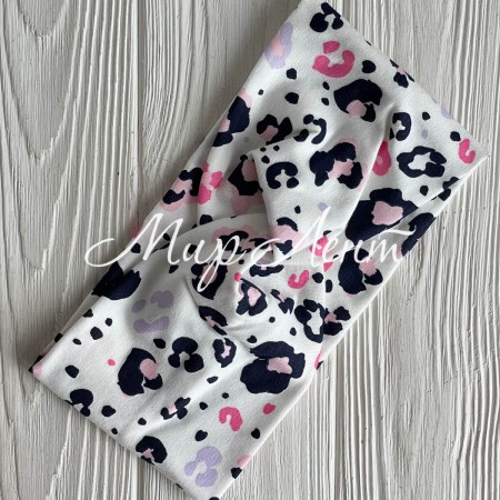 Повязка турецкий трикотаж, 21х10 см, белая с розово-черным леопардом, шт. 