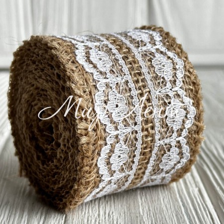 Лента-мешковина с кружевом (корона), 5 см, натуральный с белым, рулон 2 ярда