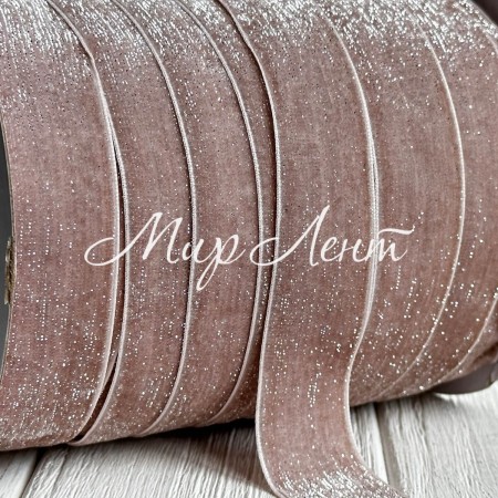 Лента велюр с перламутром, 2,5 cм, темно-бежевый, рулон 45 м