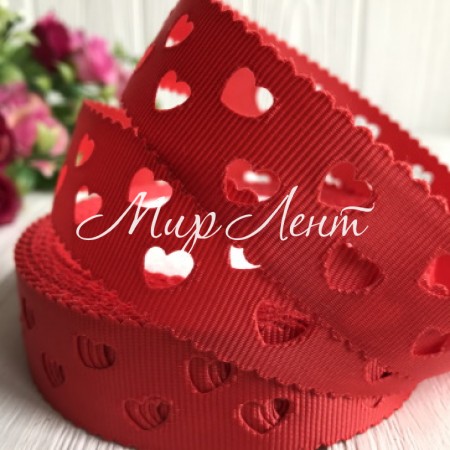 Репс 2,5 см, сердечка перфоровані, червоний, рулон 20 м
