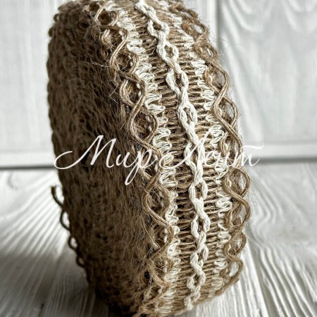 Лента-мешковина с вышитыми узором бесконечность, 3,5 см, натуральный с белым, рулон 10 м