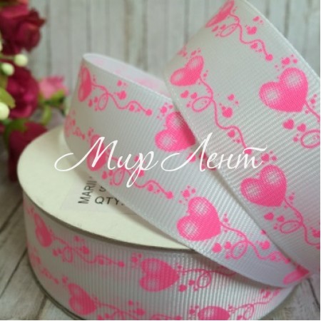 Репс 2,5 см, узор из сердечек, ярко-розовый, рулон 23 м