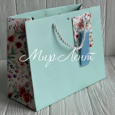 Подарочный пакет с цветочным принтом (J01188), 18х23х10 см, мятный, упаковка 12 шт. 