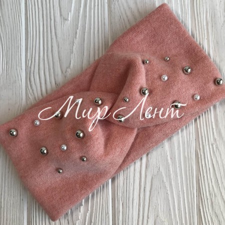 Повязка ангора с микс жемчугом, 10,5 см, розово-персиковая, шт.