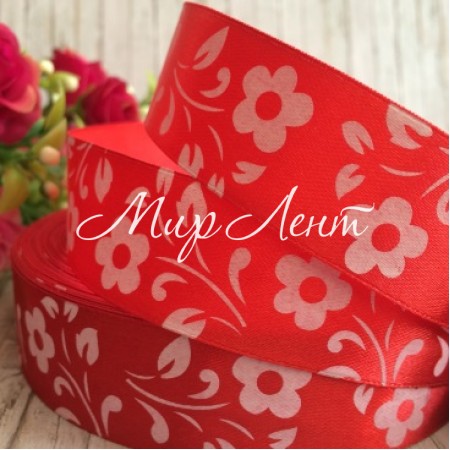 Атлас цветок-листик, 2,5 см, красный, рулон 45 м