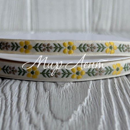Лента с вышивкой (D19874), 1 см, бело-оливково-желтая, рулон 23 м