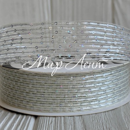 Лента с паетками (D30322), 3 см, белая, рулон 12 м