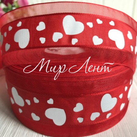 Органза с сердечками, 4 см, красный с белыми сердцами, рулон 45 м