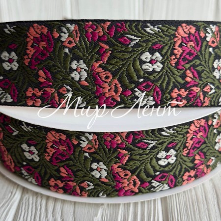 Лента с вышивкой (D19878), 5 см, черно-оливково-кораловая, рулон 23 м