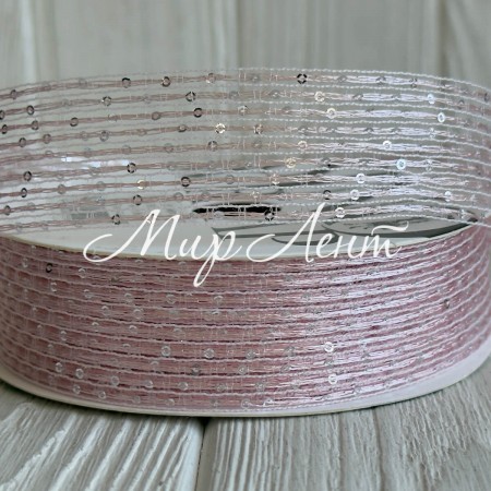 Лента с паетками (D30322), 3 см, розовая, рулон 12 м