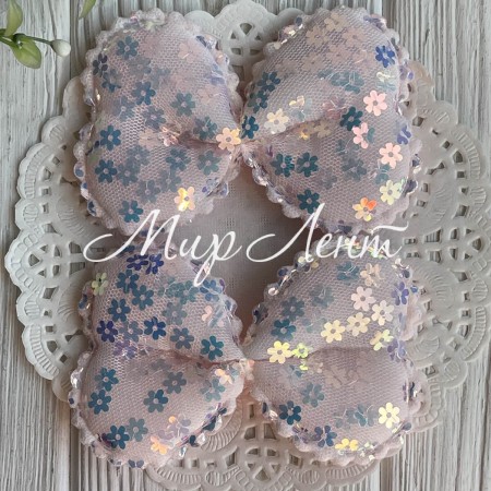 Аппликация бант с паетками-цветочками (большой), 9,5х6,5 см, светло-розовый, упаковка 20 шт.