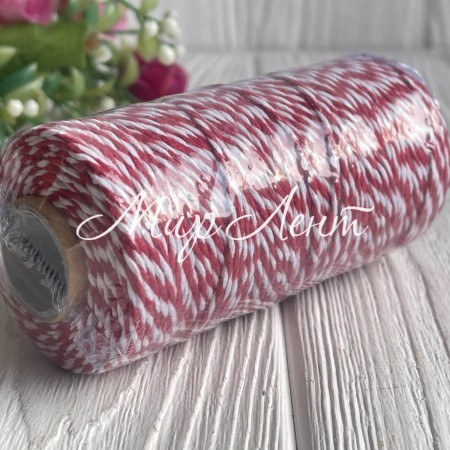 Бавовняний шнур, 2 мм, біло-червоний, рулон 100 м