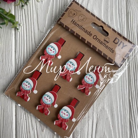 Прищепка новогодняя, 4,5х2,5 см, красный деревянный снеговик, упаковка 6 шт.