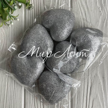 Сердечко-подвеска в глиттере, 6 см, серебряное, упаковка 6 шт.