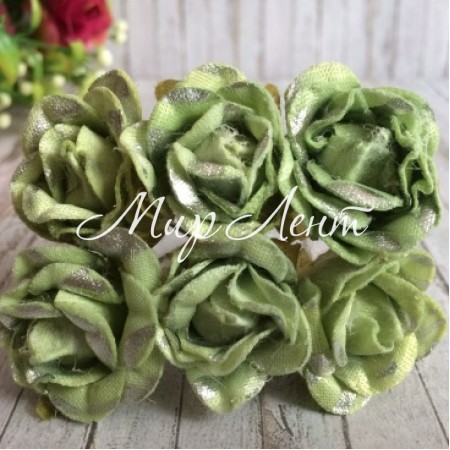 Роза тканевая с блеском, 2,5 см, светло-салатовый с серебром, упаковка 48 шт.