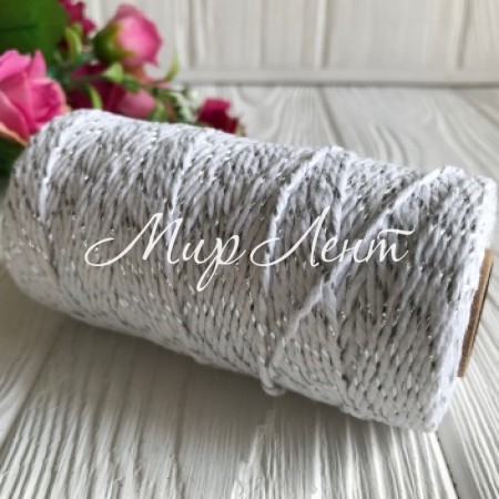 Шнур бавовняний з люрексом, 2 мм, білий з сріблом, рулон 100 м