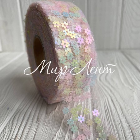 Лента из фатина з паетками, 4 см, пастельный микс, рулон 23 м