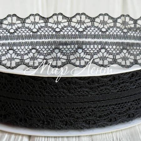 Кружево органзовое (D30328), 3 см, черное, рулон 45 м