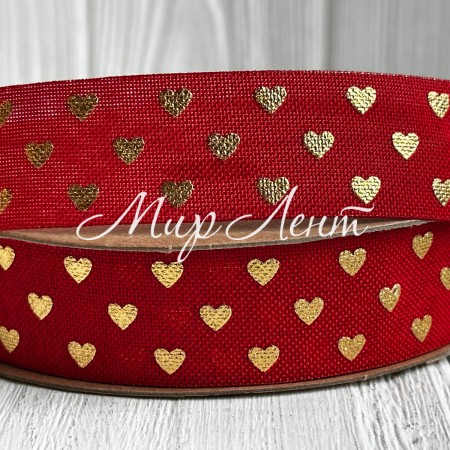 Лента мешковина с золотым сердечком, 2,5 см, красная, рулон 9 м