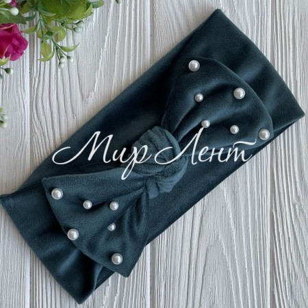 Повязка спорт велюр бант с жемчугом, 9,5 см, изумрудный, шт.