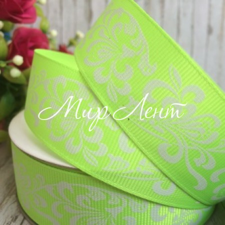 Репс 2,5 см, орнамент, салатовый, рулон 23 м