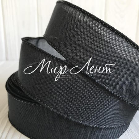 Котоновая лента с проволочным кантом, 3,8 см, черная, рулон 23 м