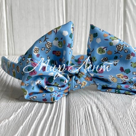 Обруч софт бант в цветочек, 2,5 см, голубой с хлопком, шт.