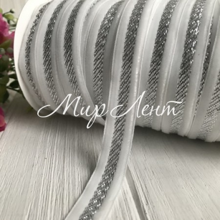 Лента велюр дорожка, 1,5 см, белый с серебром, рулон 45 м
