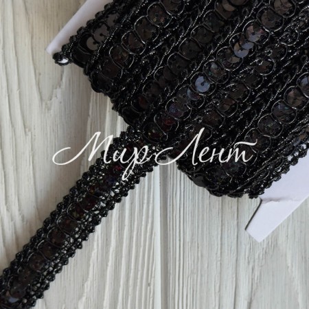 Тесьма с паетками (D30154), 2 см, черная, рулон 13 м