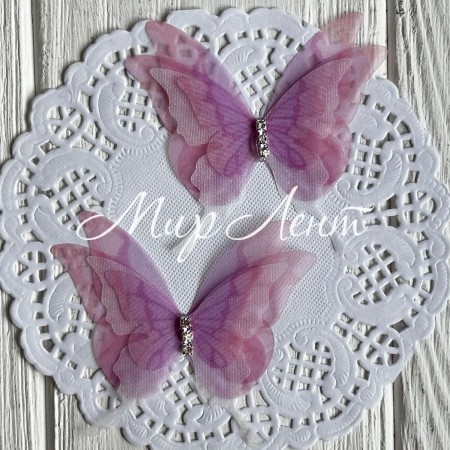 Шифоновая бабочка трехслойная со стразами (хамелеон), 5,7х5,5 см, пудрово-сиреневая, упаковка 25 шт.