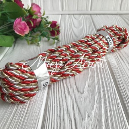 Шнур декоративный, 5 мм, красно-бело-золотой, рулон 9 м