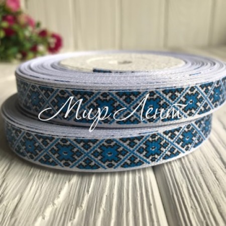 Репс 1,5 см, орнамент ромб, на синем, рулон 23 м