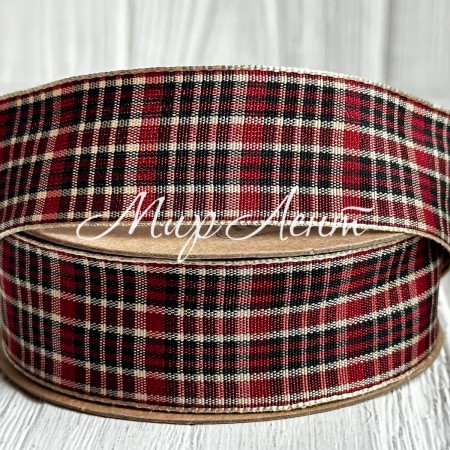 Лента шотландка, 2,5 см, бордово-бело-черная, рулон 18,5 м